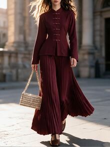 Penseblé Women's Autumn/Winter Fashion Casual Chinese Style Stand Collar Frog Button Cinched Waist Solid Color Top With Pleated Wide Leg Pants, Suitable For Daily Commute, Street Style, Home Wear, 2 Pieces Set - Burgundy - View 2