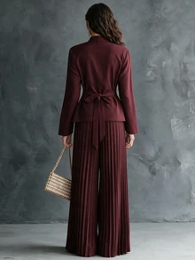 Penseblé Women's Autumn/Winter Fashion Casual Chinese Style Stand Collar Frog Button Cinched Waist Solid Color Top With Pleated Wide Leg Pants, Suitable For Daily Commute, Street Style, Home Wear, 2 Pieces Set - Burgundy - View 4