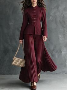 Penseblé Women's Autumn/Winter Fashion Casual Chinese Style Stand Collar Frog Button Cinched Waist Solid Color Top With Pleated Wide Leg Pants, Suitable For Daily Commute, Street Style, Home Wear, 2 Pieces Set - Burgundy - View 1
