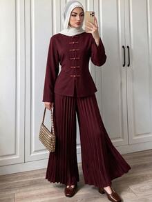 Penseblé Women's Autumn/Winter Fashion Casual Chinese Style Stand Collar Frog Button Cinched Waist Solid Color Top With Pleated Wide Leg Pants, Suitable For Daily Commute, Street Style, Home Wear, 2 Pieces Set - Burgundy - View 7