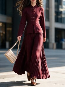 Penseblé Women's Autumn/Winter Fashion Casual Chinese Style Stand Collar Frog Button Cinched Waist Solid Color Top With Pleated Wide Leg Pants, Suitable For Daily Commute, Street Style, Home Wear, 2 Pieces Set - Burgundy - View 3