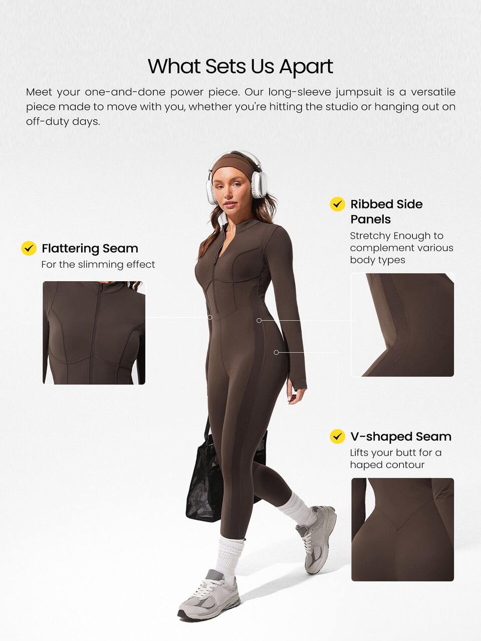 26" ButterFit Glow Giver Soft Breathable Sweat-Wicking Front Zipper Thumbholes Deep V-Back Seams Removable Cups Long-Sleeve Jumpsuit Spring