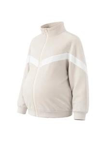 SHEIN Setelan Hamil 2 Potong Kasual Longgar Kerah Tegak Warna Aprikot & Putih (Jaket Sweatshirt dengan Pinggang Elastis yang Dapat Diatur dan Penyangga Perut Bergaris), Celana Panjang Warna Aprikot & Putih (Jaket Sweatshirt) - Aprikot - View 8