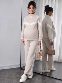 SHEIN Setelan Hamil 2 Potong Kasual Longgar Kerah Tegak Warna Aprikot & Putih (Jaket Sweatshirt dengan Pinggang Elastis yang Dapat Diatur dan Penyangga Perut Bergaris), Celana Panjang Warna Aprikot & Putih (Jaket Sweatshirt) - Aprikot - View 2