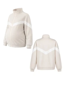 SHEIN Setelan Hamil 2 Potong Kasual Longgar Kerah Tegak Warna Aprikot & Putih (Jaket Sweatshirt dengan Pinggang Elastis yang Dapat Diatur dan Penyangga Perut Bergaris), Celana Panjang Warna Aprikot & Putih (Jaket Sweatshirt) - Aprikot - View 6