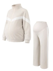 SHEIN Setelan Hamil 2 Potong Kasual Longgar Kerah Tegak Warna Aprikot & Putih (Jaket Sweatshirt dengan Pinggang Elastis yang Dapat Diatur dan Penyangga Perut Bergaris), Celana Panjang Warna Aprikot & Putih (Jaket Sweatshirt) - Aprikot - View 7