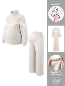 SHEIN Setelan Hamil 2 Potong Kasual Longgar Kerah Tegak Warna Aprikot & Putih (Jaket Sweatshirt dengan Pinggang Elastis yang Dapat Diatur dan Penyangga Perut Bergaris), Celana Panjang Warna Aprikot & Putih (Jaket Sweatshirt) - Aprikot - View 4