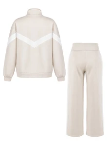 SHEIN Setelan Hamil 2 Potong Kasual Longgar Kerah Tegak Warna Aprikot & Putih (Jaket Sweatshirt dengan Pinggang Elastis yang Dapat Diatur dan Penyangga Perut Bergaris), Celana Panjang Warna Aprikot & Putih (Jaket Sweatshirt) - Aprikot - View 5