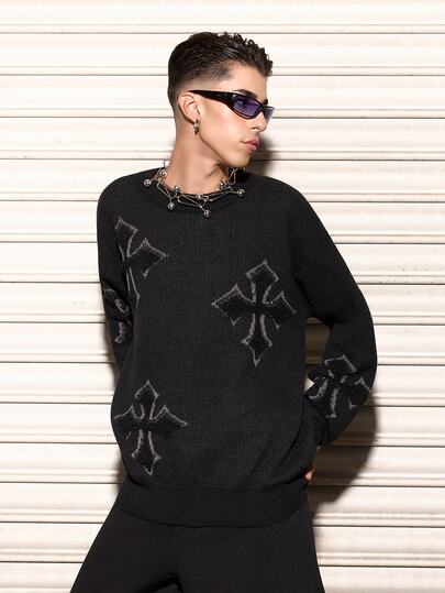Salvatore Castaldo Salvatore Castaldo ANDREILEE Men's Unisex Crew Neck Knit Sweater, Casual Fitted Cross Pattern All-Over Print Streetwear Long Sleeve Pullover