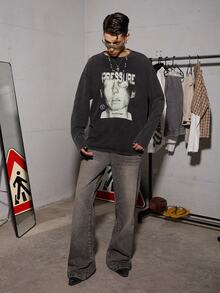Salvatore Castaldo Salvatore Castaldo Vintage Poster Font Men's Washed Distressed Crew Neck Long Sleeve T-Shirt - Black - View 3
