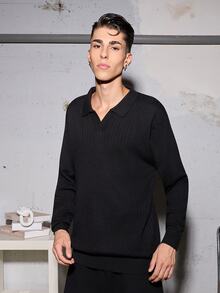 Salvatore Castaldo Salvatore Castaldo Men's Solid Color Ribbed Vertical Ribbed Knit Sweater, Minimalist Versatile Long Sleeve Top - Black - View 1