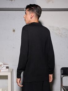 Salvatore Castaldo Salvatore Castaldo Men's Solid Color Ribbed Vertical Ribbed Knit Sweater, Minimalist Versatile Long Sleeve Top - Black - View 2