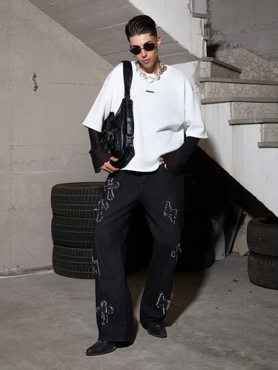 Salvatore Castaldo Salvatore Castaldo Grunge Goth Y2K Men's Fashion Casual Street Loose Personalized Young Sports College Straight Street Cross Embroidered Solid Color All Season Denim Jeans