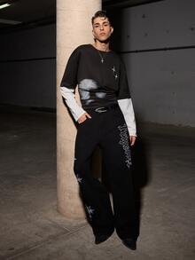 Salvatore Castaldo Salvatore Castaldo Grunge Goth Y2K Style Men's Casual Loose Wide Leg Straight Versatile Embroidered Pattern Jeans, Fashionable Personalized Street Wear, Suitable For Work, Commute, Stage Performance, Hangout With Friends, Outdoor Wear - Black - View 5