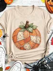 EMERY ROSE Free Shipping Fall Boho Floral Pumpkin Bow T-Shirt, Preppy Floral Pumpkin , Vintage Bow Fall , Thank - Khaki - View 1