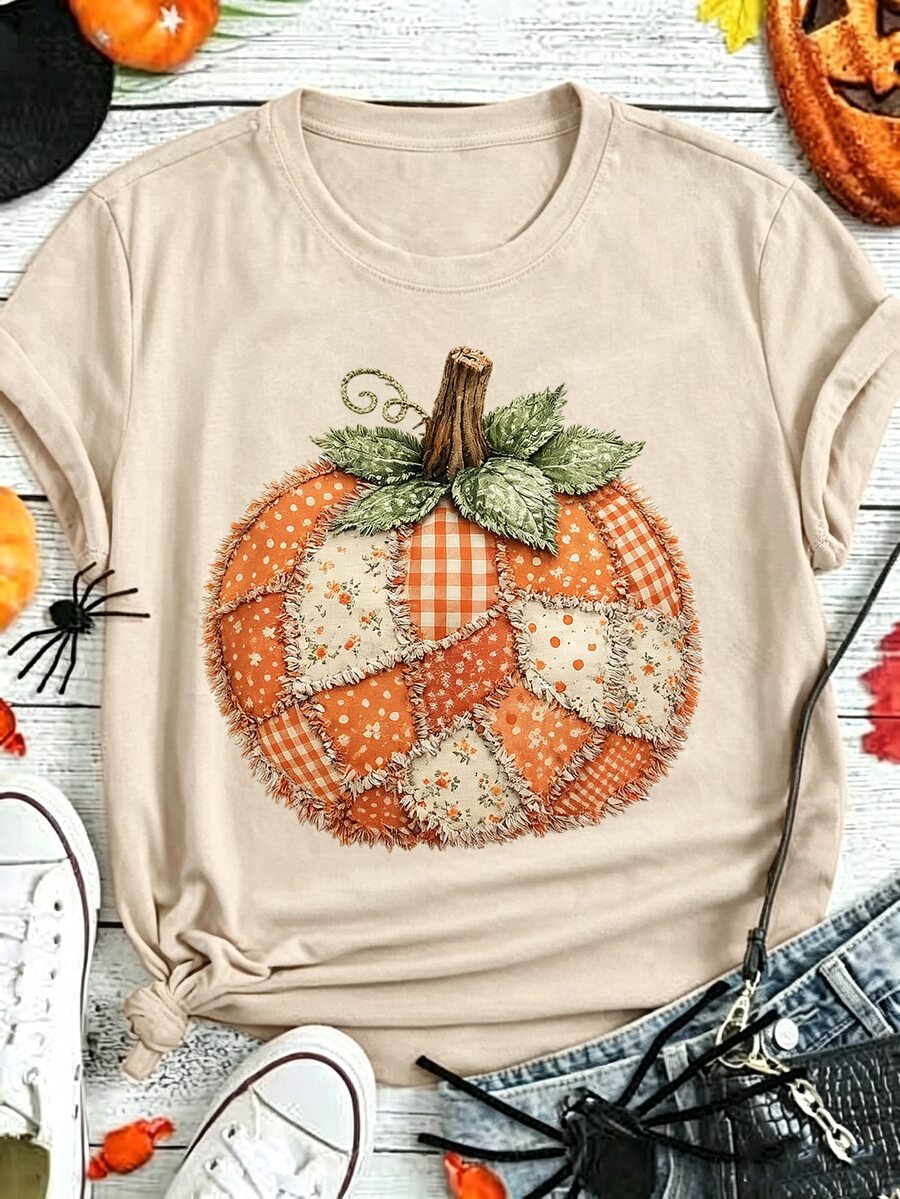 EMERY ROSE Free Shipping Fall Boho Floral Pumpkin Bow T-Shirt, Preppy Floral Pumpkin , Vintage Bow Fall , Thank - Khaki - View 1