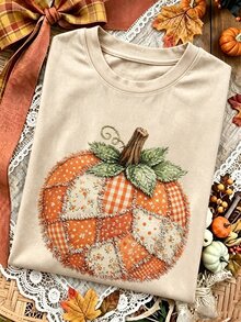 EMERY ROSE Free Shipping Fall Boho Floral Pumpkin Bow T-Shirt, Preppy Floral Pumpkin , Vintage Bow Fall , Thank - Khaki - View 3
