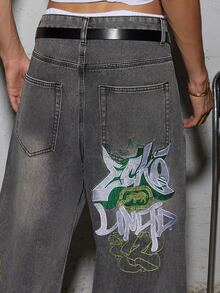 Salvatore Castaldo Salvatore Castaldo Grunge Goth Y2K Style Men's Casual Embroidered Loose Wide-Leg Jeans, Versatile All-Season, Fashion Personalized Street Wear, Suitable For Work, Commute, Stage Performance, Gathering With Friends, Outdoor - Light Grey - View 7