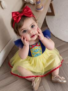 SHEIN 2pcs Toddler Baby Girls Tulle Tutu Dress Princess Blue Yellow Red Bow Ribbon Ruffle Flutter Sleeve Square Neck Birthday Party Summer Halloween Ballet - Yellow - View 3