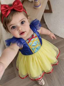 SHEIN 2pcs Toddler Baby Girls Tulle Tutu Dress Princess Blue Yellow Red Bow Ribbon Ruffle Flutter Sleeve Square Neck Birthday Party Summer Halloween Ballet - Yellow - View 1