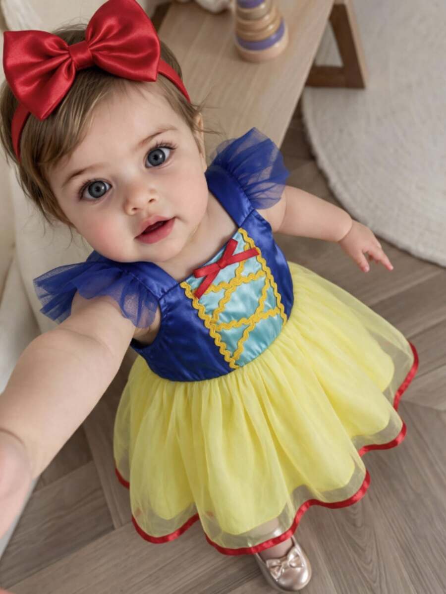 SHEIN 2pcs Toddler Baby Girls Tulle Tutu Dress Princess Blue Yellow Red Bow Ribbon Ruffle Flutter Sleeve Square Neck Birthday Party Summer Halloween Ballet - Yellow - View 1