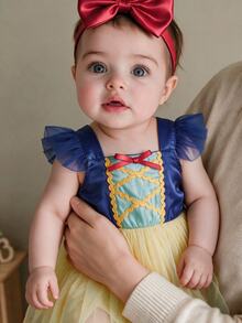 SHEIN 2pcs Toddler Baby Girls Tulle Tutu Dress Princess Blue Yellow Red Bow Ribbon Ruffle Flutter Sleeve Square Neck Birthday Party Summer Halloween Ballet - Yellow - View 2