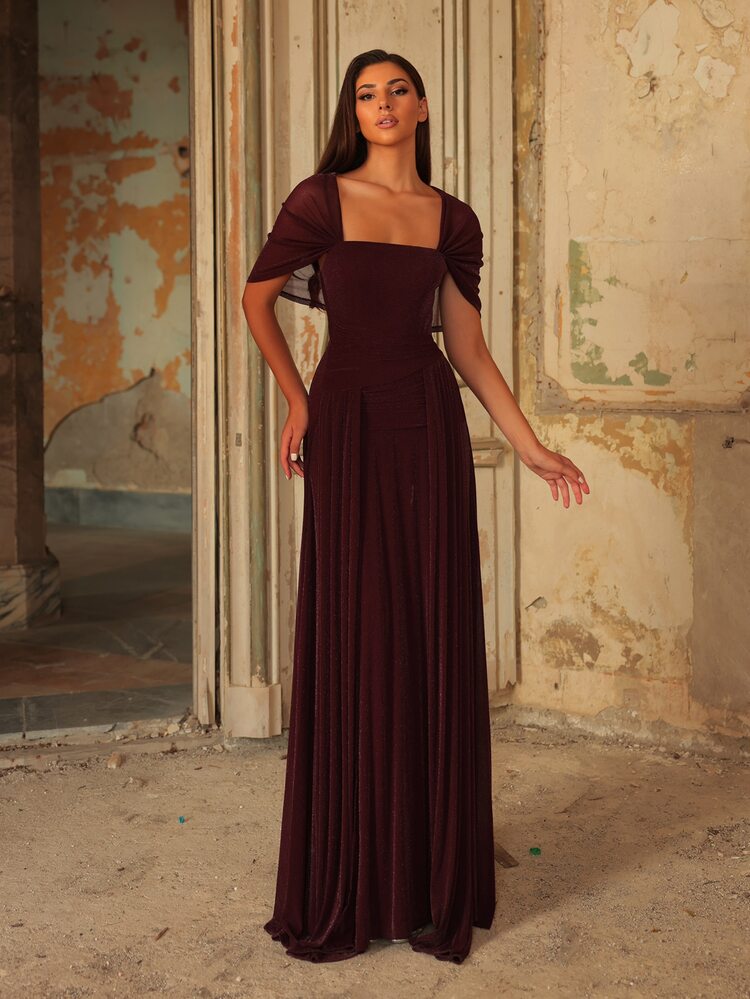 Aureia Elegant Glamorous Burgundy Korean Mesh Silver Thread Square Neck Cap Sleeve Ruched Waist With Flounce A-Line Formal Evening Gown - Burgundy - View 10