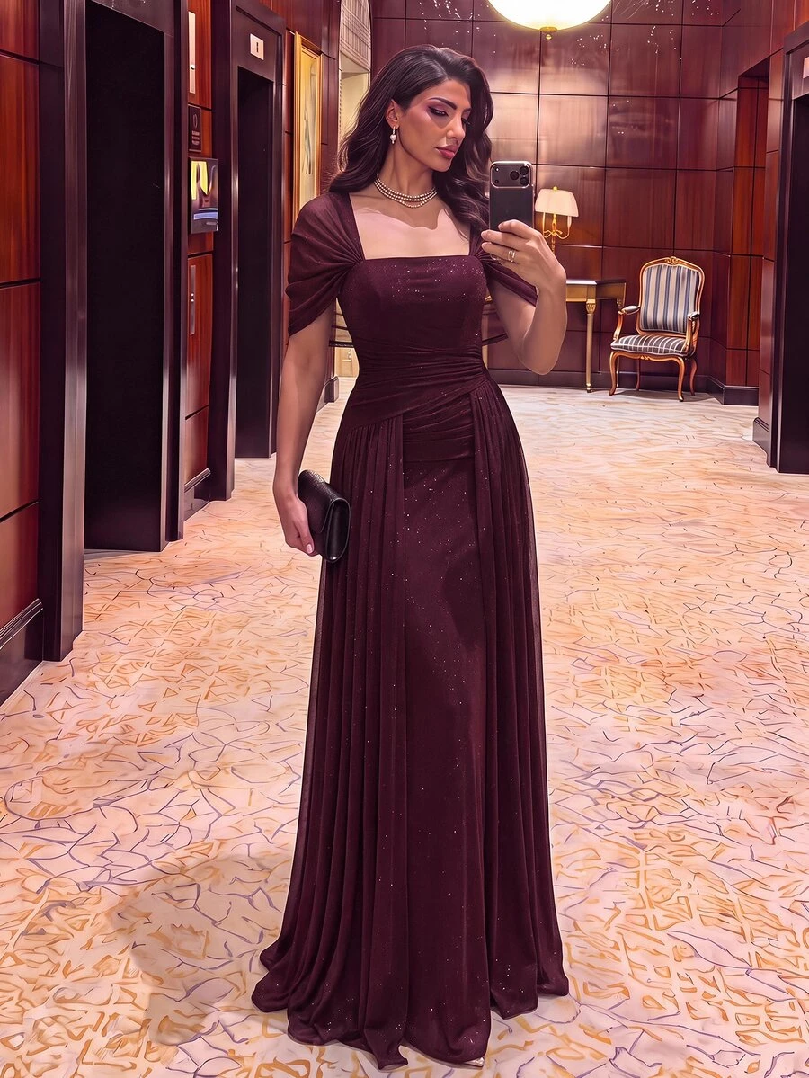 Aureia Elegant Glamorous Burgundy Korean Mesh Silver Thread Square Neck Cap Sleeve Ruched Waist With Flounce A-Line Formal Evening Gown - Burgundy - View 1