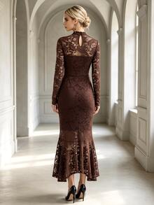 Wandoria American Vintage High Neck Hollow Lace Long Sleeve Bodycon Slimming Bodycon Asymmetrical Hem Fishtail Midi Dress For Commute And Evening Party - Dark Brown - View 2
