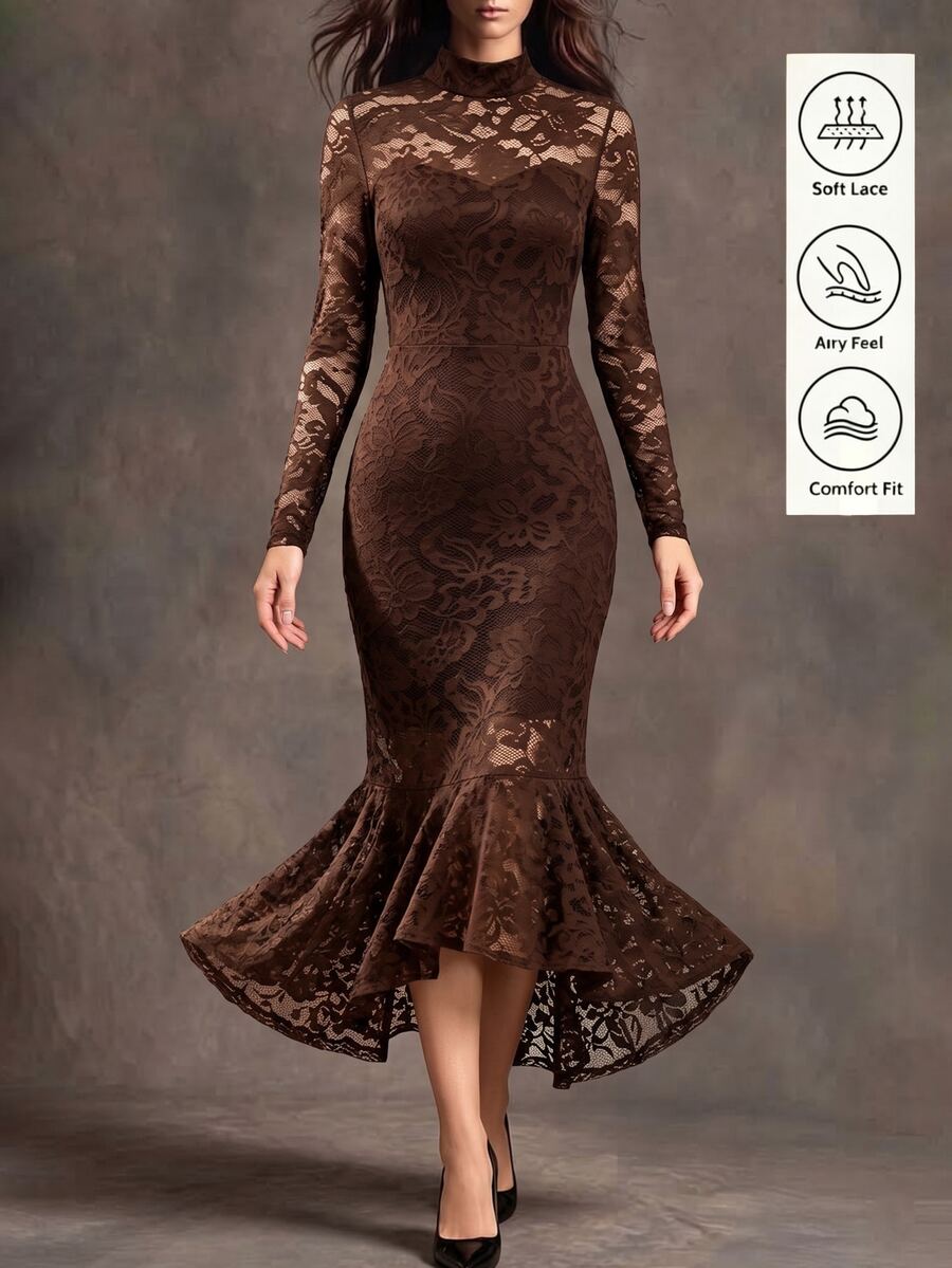 Wandoria American Vintage High Neck Hollow Lace Long Sleeve Bodycon Slimming Bodycon Asymmetrical Hem Fishtail Midi Dress For Commute And Evening Party - Dark Brown - View 1