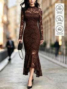 Wandoria American Vintage High Neck Hollow Lace Long Sleeve Bodycon Slimming Bodycon Asymmetrical Hem Fishtail Midi Dress For Commute And Evening Party - Dark Brown - View 7