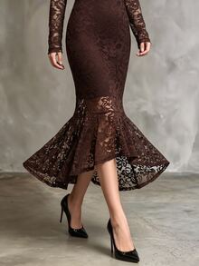 Wandoria American Vintage High Neck Hollow Lace Long Sleeve Bodycon Slimming Bodycon Asymmetrical Hem Fishtail Midi Dress For Commute And Evening Party - Dark Brown - View 4