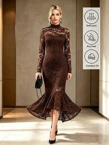Wandoria American Vintage High Neck Hollow Lace Long Sleeve Bodycon Slimming Bodycon Asymmetrical Hem Fishtail Midi Dress For Commute And Evening Party - Dark Brown - View 3