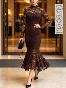 Wandoria American Vintage High Neck Hollow Lace Long Sleeve Bodycon Slimming Bodycon Asymmetrical Hem Fishtail Midi Dress For Commute And Evening Party - Dark Brown - View 5