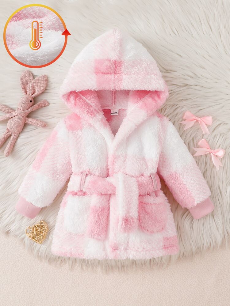 SHEIN Autumn/Winter Newborn Bathrobe Pink Plaid Print Element Double-Sided Polar Fleece Sleepwear - Pink - View 6