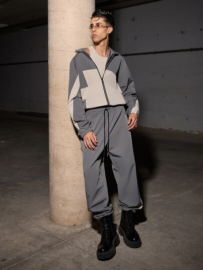 Salvatore Castaldo Salvatore Castaldo 2pcs Men's Grey & White Splice Long Sleeve Jacket And Pants Set,Autumn Baggy Casual Sports Tracksuit For Daily Wear,Vacation,Outdoor Activities