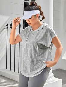 SHEIN Rhythm Era 大码女式几何印花抽绳连帽短袖运动T恤 女式健身上衣 宽松运动上衣 运动卫衣 健身服 女式运动T恤 - 淺灰色 - 查看 5