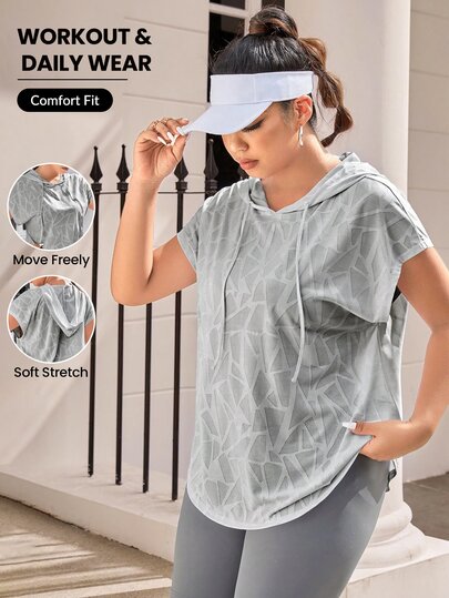 SHEIN Rhythm Era Plus Size Women Geometric Print Drawstring Waist Hooded Short Sleeve Sports T-Shirt Workout Tops Loose Top Sweatshirt Gym Clothes Tees