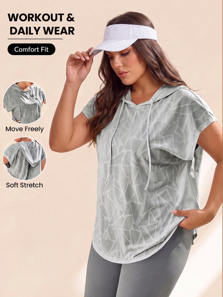 SHEIN Rhythm Era Plus Size Women Geometric Print Drawstring Waist Hooded Short Sleeve Sports T-Shirt Workout Tops Loose Top Sweatshirt Gym Clothes Tees - Light Grey - View 1