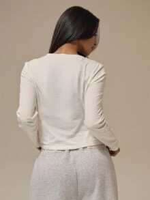 MUSERA ESSENTIALS Solid White V Neckline Ribbed Band Trim Long Sleeve Regular Fit Tee Top Basics Loungewear Casual Everyday Essentials - White - View 4