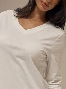 MUSERA ESSENTIALS Solid White V Neckline Ribbed Band Trim Long Sleeve Regular Fit Tee Top Basics Loungewear Casual Everyday Essentials - White - View 5
