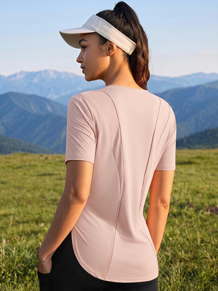 SHEIN Sports 女士纯色圆领短袖休闲健身户外T恤健身房衬衫