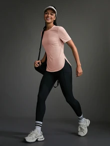 SHEIN Sports 女士纯色圆领短袖休闲健身户外T恤健身房衬衫 - 淺粉色 - 查看 12