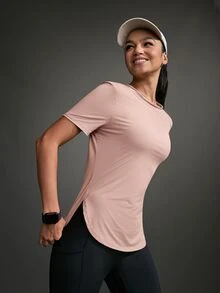 SHEIN Sports 女士纯色圆领短袖休闲健身户外T恤健身房衬衫 - 淺粉色 - 查看 13