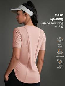 SHEIN Sports 女士纯色圆领短袖休闲健身户外T恤健身房衬衫 - 淺粉色 - 查看 3