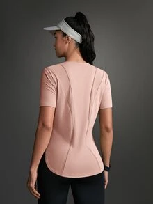 SHEIN Sports 女士纯色圆领短袖休闲健身户外T恤健身房衬衫 - 淺粉色 - 查看 14
