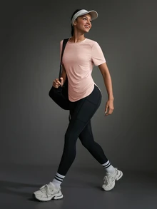 SHEIN Sports 女士纯色圆领短袖休闲健身户外T恤健身房衬衫 - 淺粉色 - 查看 17