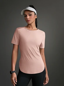 SHEIN Sports 女士纯色圆领短袖休闲健身户外T恤健身房衬衫 - 淺粉色 - 查看 9