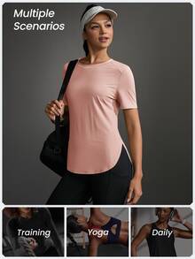 SHEIN Sports 女士纯色圆领短袖休闲健身户外T恤健身房衬衫 - 淺粉色 - 查看 7
