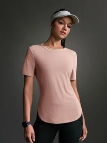 SHEIN Sports 女士纯色圆领短袖休闲健身户外T恤健身房衬衫 - 淺粉色 - 查看 11